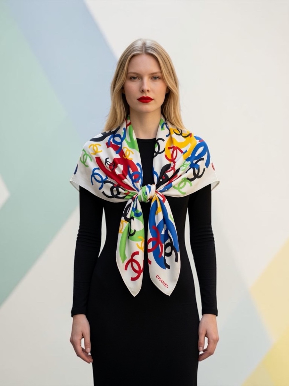 CHANEL Multicolor CC Logo Silk Scarf - White, Red, Blue, Yellow, Green, Black - Picture 8 of 8